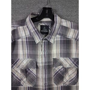 Prana Mens Shirt Medium Brown Plaid Pearl Snap Outdoor Hiking Camping